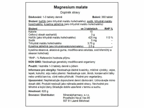 Magnesium malate - Hořčík s kyselinou jablečnou - 360 tablet
